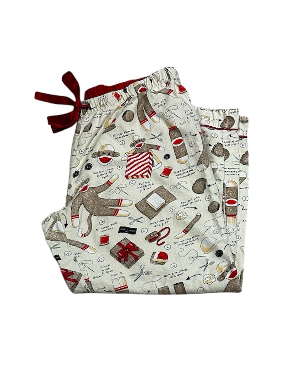 Nick & Nora Flannel Pajama Pants How To Sew A Sock Monkey XXL Cream Red